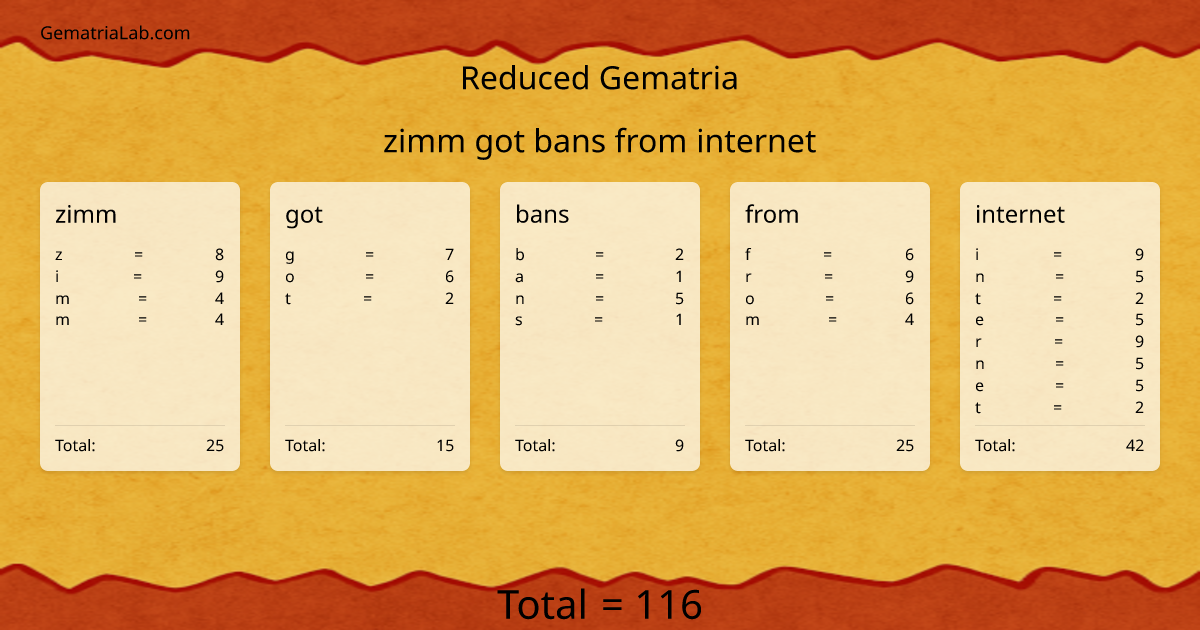 zimm got bans from internet in reduced Gematria
